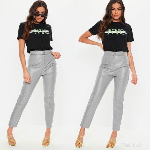 Missguided Grey Faux Leather Belted Cigarette Trousers - Picture 1 of 10